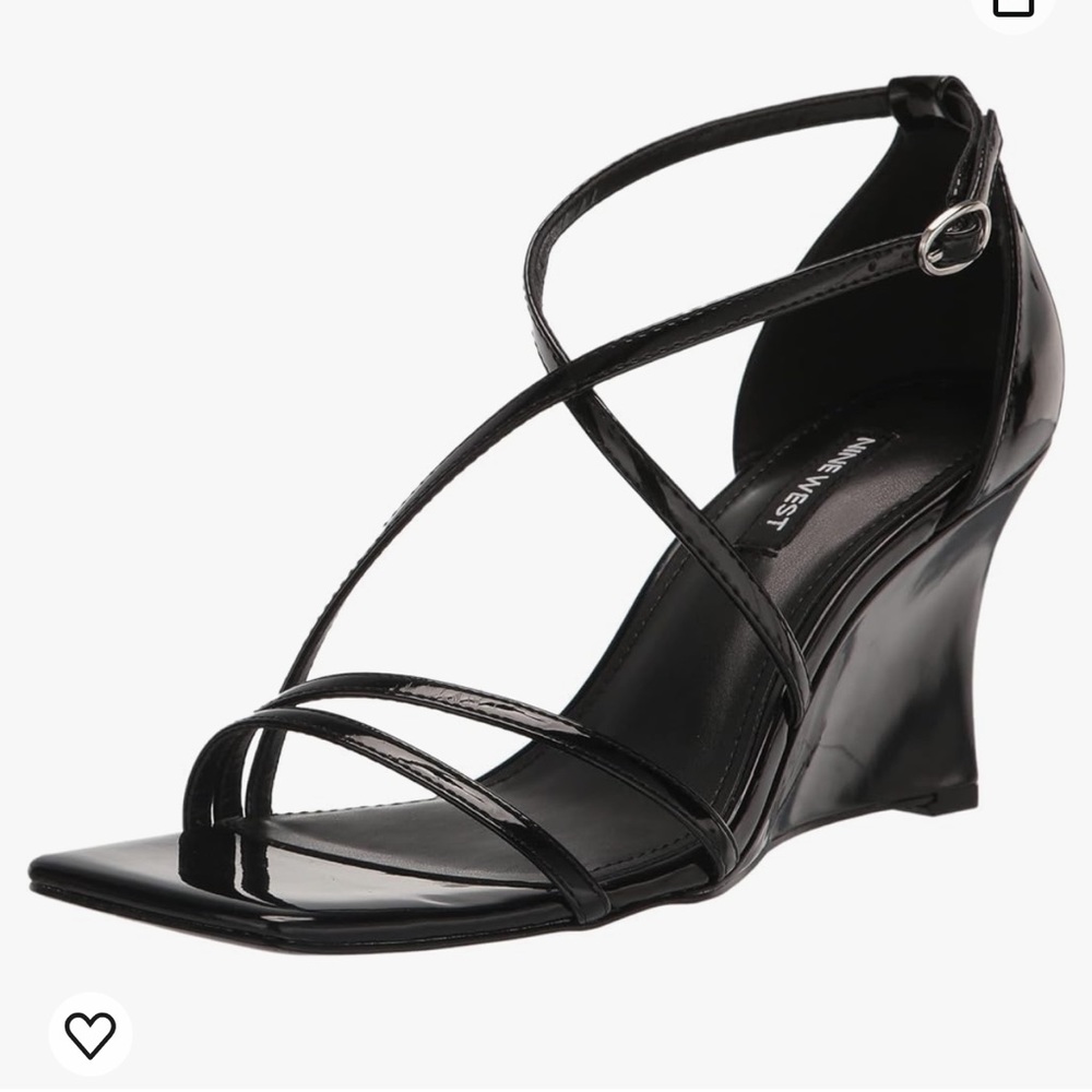 NWOT Nine West Womens Size 8.5 Black Strappy Wedge Sandal Heel Square Toe Buckle